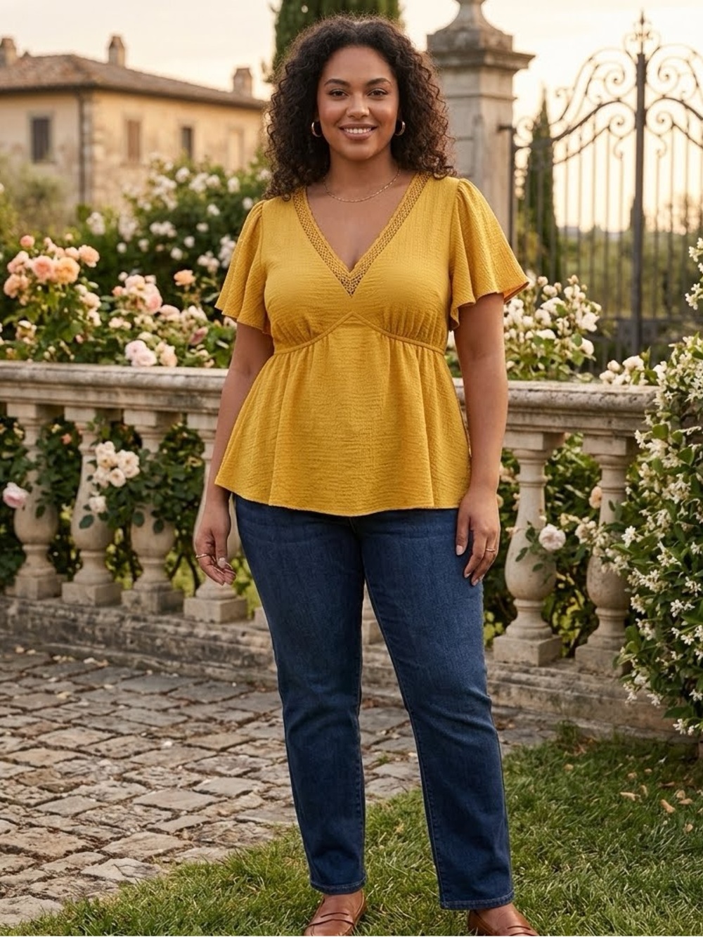 SHEIN Yellow Flutter Sleeve Peplum V Neck Blouse Size 2XL